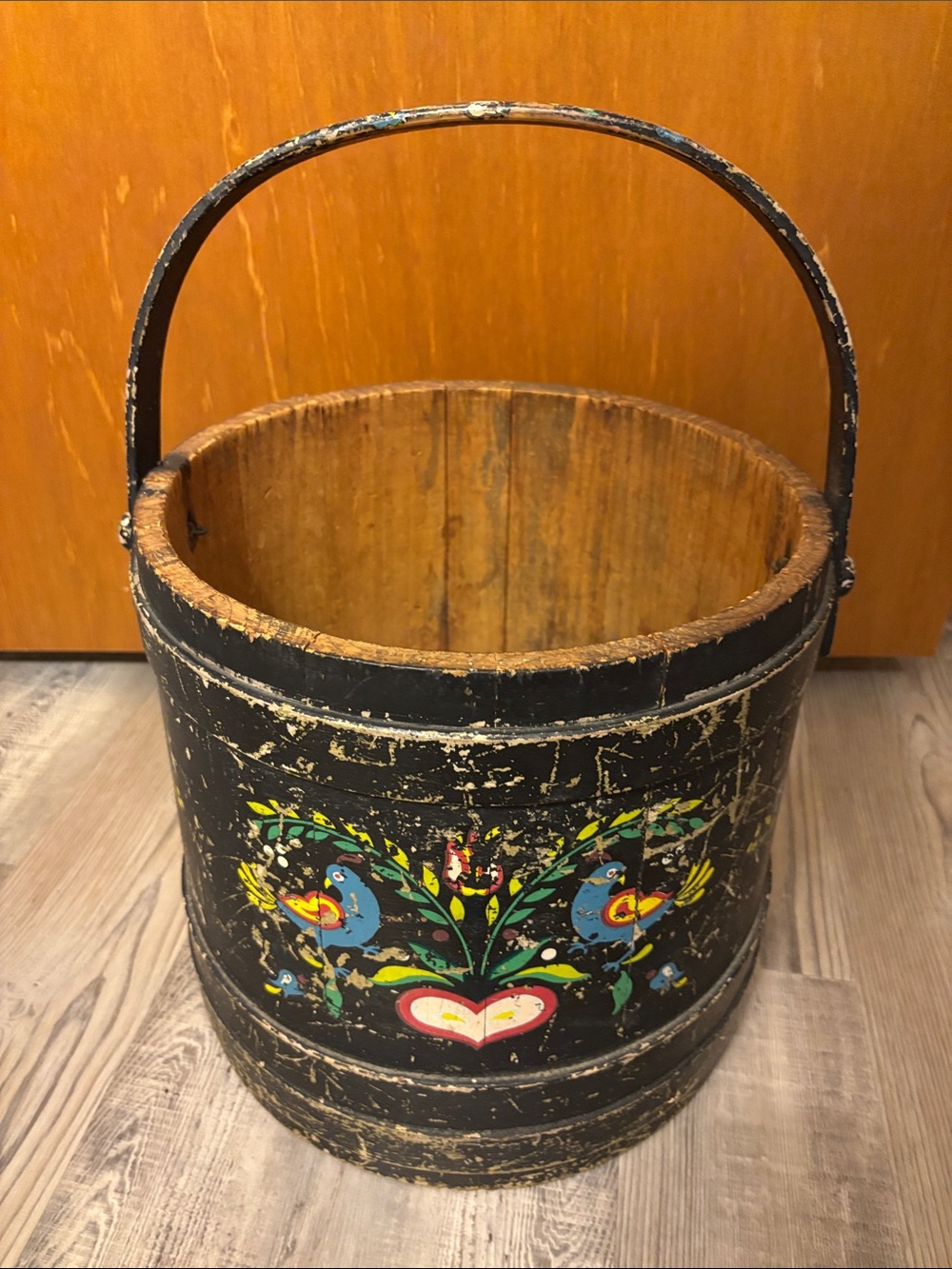 Vintage wood Firkin bucket, chippy black paint, w/ folk art design,11.25” tall